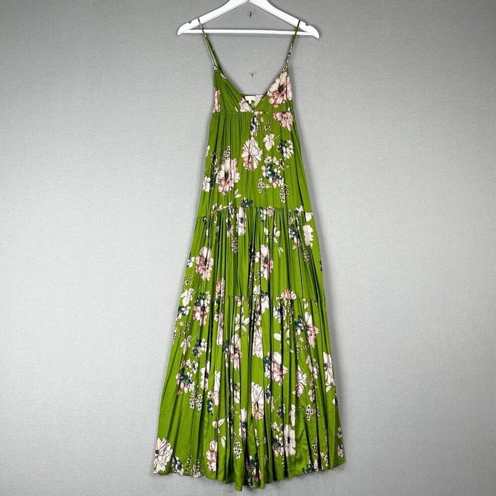 Sun Becomes Her Revolve Womens Dress 6 Green Solstice Trapeze Maxi Floral Tiered